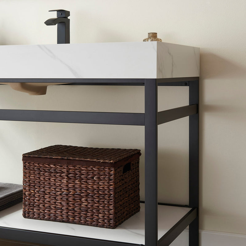 Vinnova 702548-TB-SMB Funes 48" Single Sink Bath Vanity in Matte Black Metal Support with White Sintered Stone Top