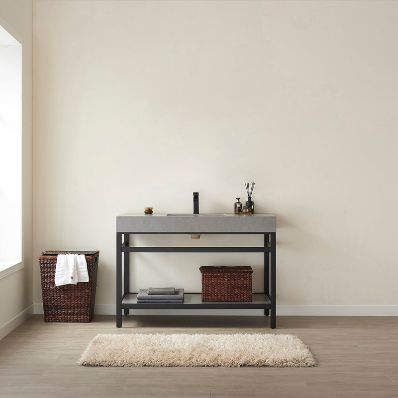 Vinnova 702548-TB-WK Funes 48" Single Sink Bath Vanity in Matte Black Metal Support with Grey Sintered Stone Top
