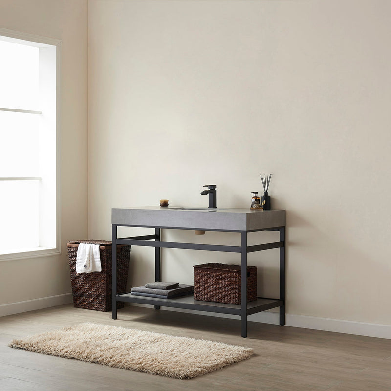 Vinnova 702548-TB-WK Funes 48" Single Sink Bath Vanity in Matte Black Metal Support with Grey Sintered Stone Top