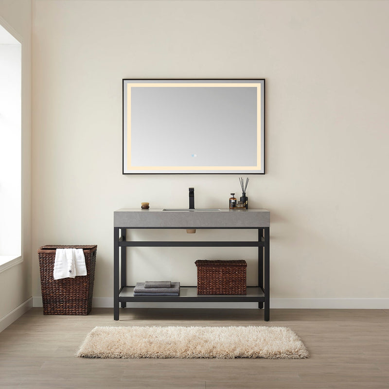 Vinnova 702548-TB-WK Funes 48" Single Sink Bath Vanity in Matte Black Metal Support with Grey Sintered Stone Top