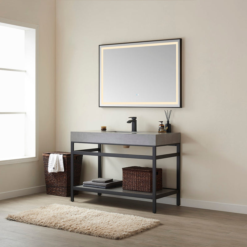 Vinnova 702548-TB-WK Funes 48" Single Sink Bath Vanity in Matte Black Metal Support with Grey Sintered Stone Top