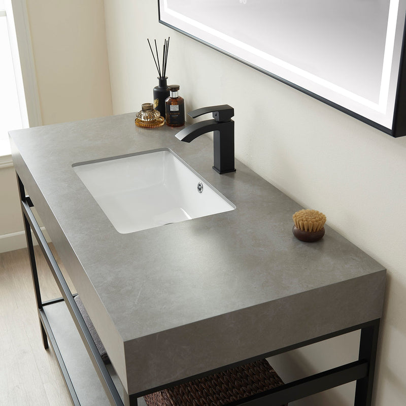 Vinnova 702548-TB-WK Funes 48" Single Sink Bath Vanity in Matte Black Metal Support with Grey Sintered Stone Top