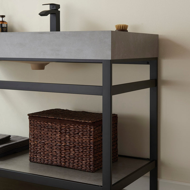 Vinnova 702548-TB-WK Funes 48" Single Sink Bath Vanity in Matte Black Metal Support with Grey Sintered Stone Top