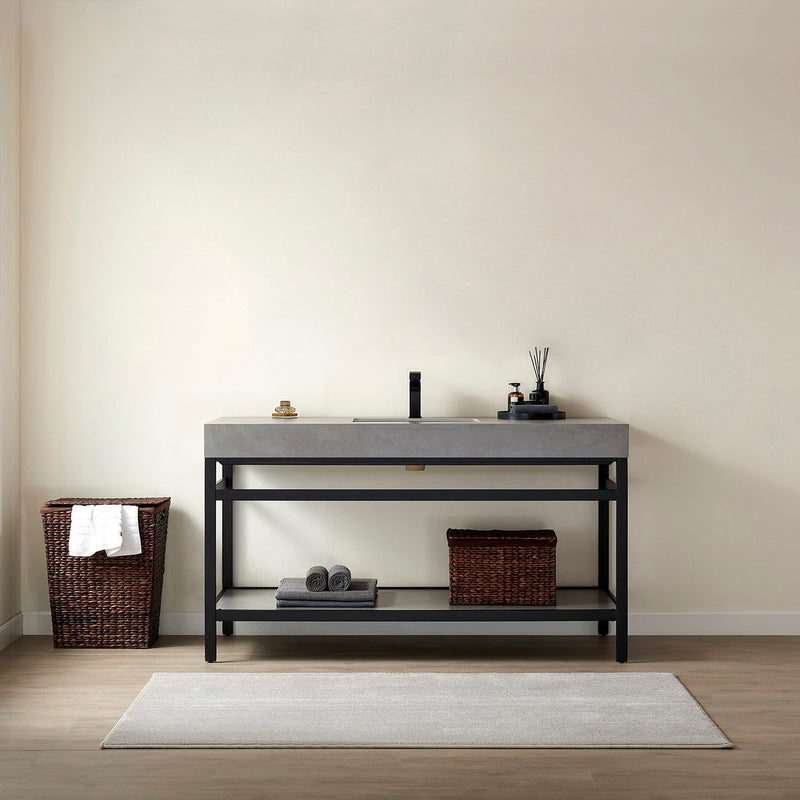 Vinnova 702560-TB-WK Funes 60" Single Sink Bath Vanity in Matte Black Metal Support with Grey Sintered Stone Top