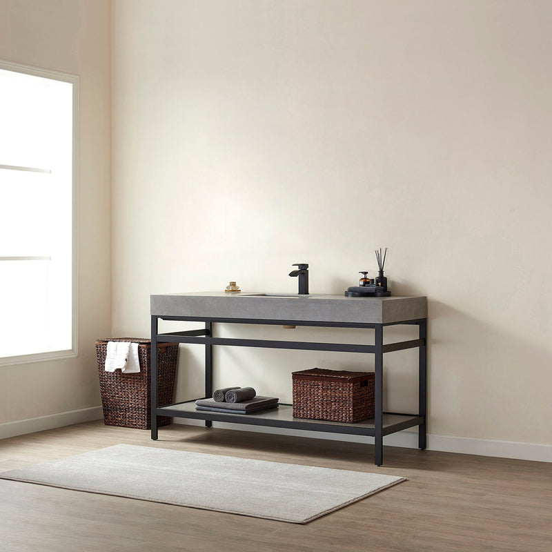 Vinnova 702560-TB-WK Funes 60" Single Sink Bath Vanity in Matte Black Metal Support with Grey Sintered Stone Top