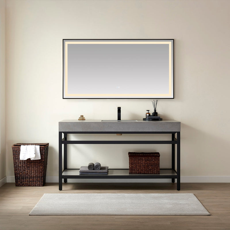 Vinnova 702560-TB-WK Funes 60" Single Sink Bath Vanity in Matte Black Metal Support with Grey Sintered Stone Top