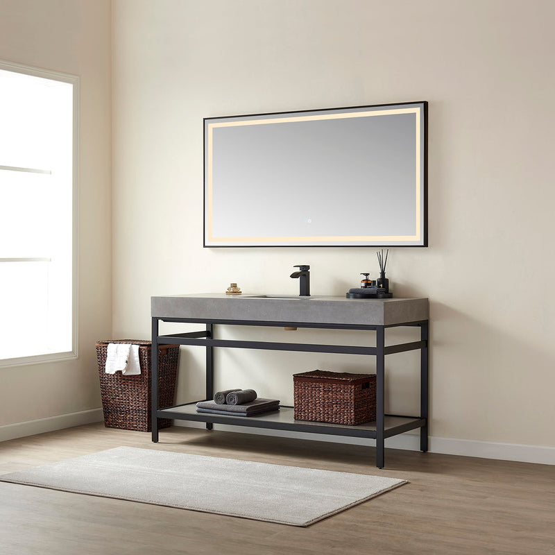 Vinnova 702560-TB-WK Funes 60" Single Sink Bath Vanity in Matte Black Metal Support with Grey Sintered Stone Top