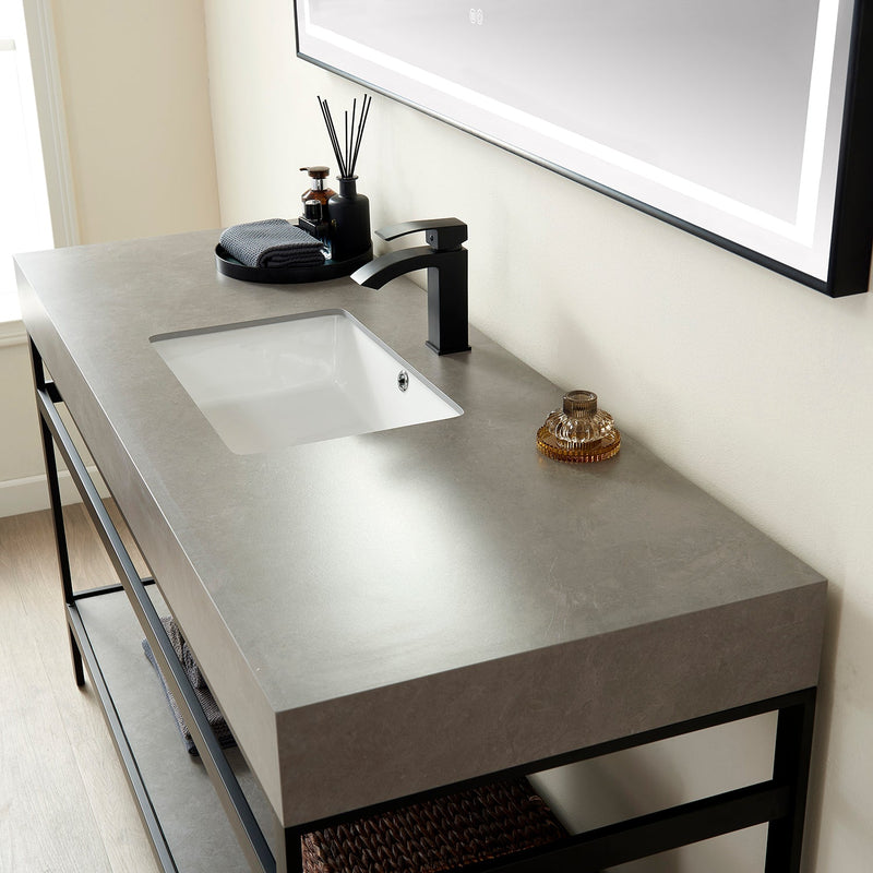 Vinnova 702560-TB-WK Funes 60" Single Sink Bath Vanity in Matte Black Metal Support with Grey Sintered Stone Top