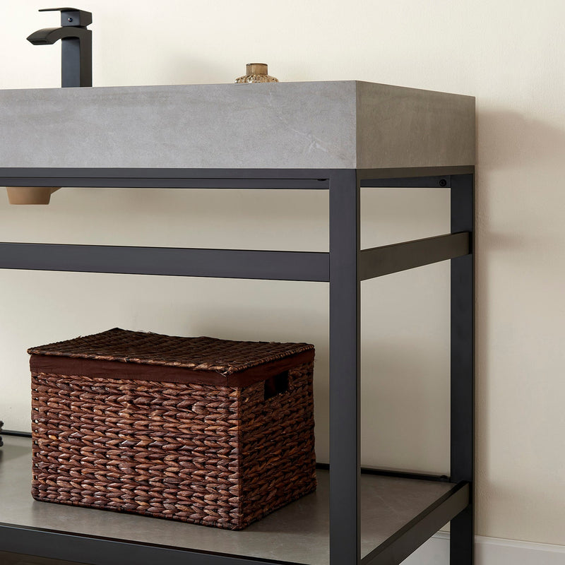 Vinnova 702560-TB-WK Funes 60" Single Sink Bath Vanity in Matte Black Metal Support with Grey Sintered Stone Top