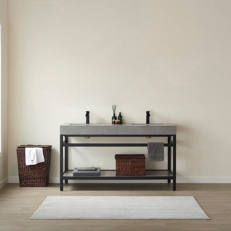 Vinnova 702560M-TB-WK Funes 60M" Double Sink Bath Vanity in Matte Black Metal Support with Grey Sintered Stone Top