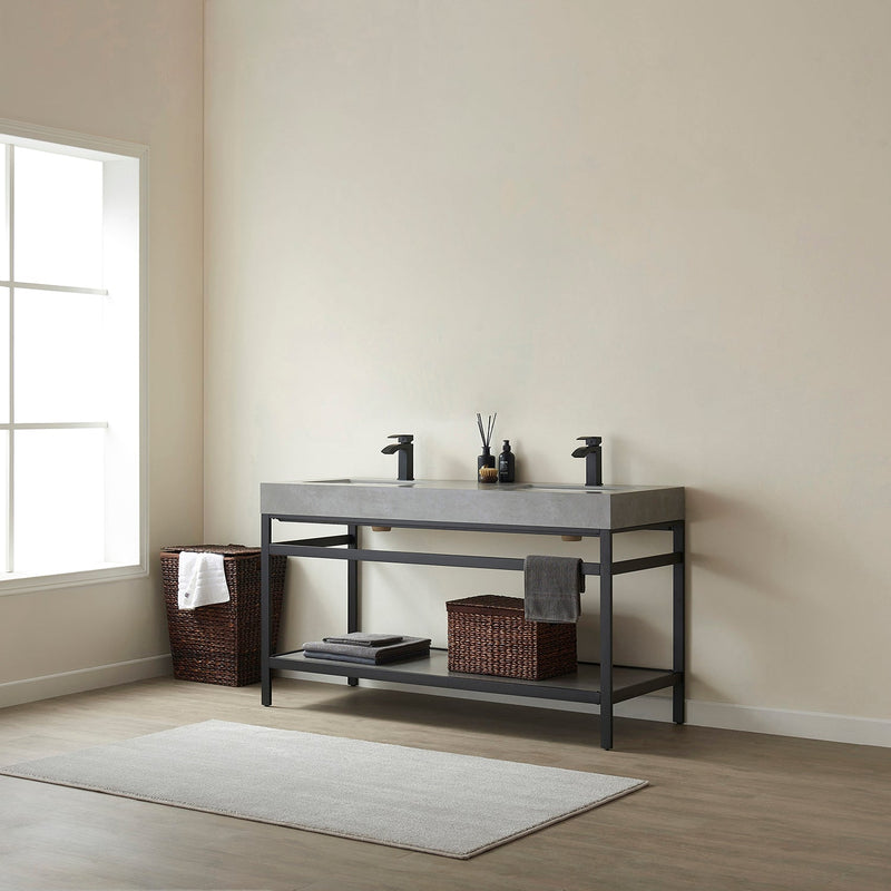 Vinnova 702560M-TB-WK Funes 60M" Double Sink Bath Vanity in Matte Black Metal Support with Grey Sintered Stone Top
