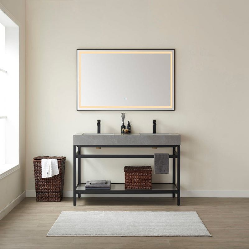 Vinnova 702560M-TB-WK Funes 60M" Double Sink Bath Vanity in Matte Black Metal Support with Grey Sintered Stone Top