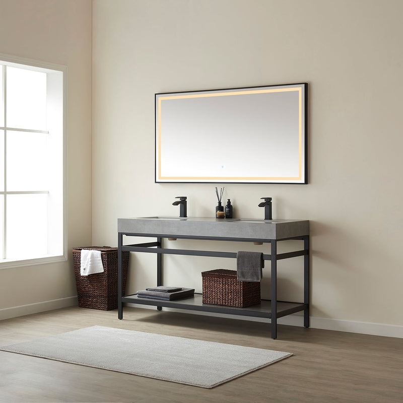 Vinnova 702560M-TB-WK Funes 60M" Double Sink Bath Vanity in Matte Black Metal Support with Grey Sintered Stone Top