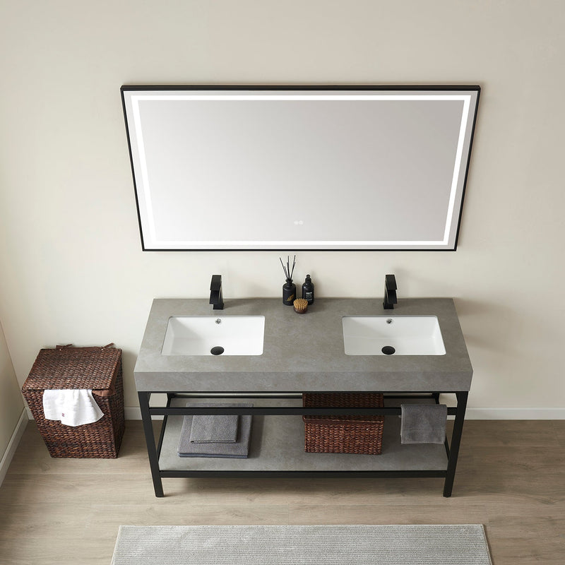 Vinnova 702560M-TB-WK Funes 60M" Double Sink Bath Vanity in Matte Black Metal Support with Grey Sintered Stone Top