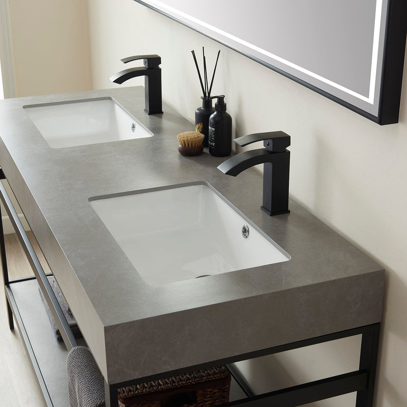 Vinnova 702560M-TB-WK Funes 60M" Double Sink Bath Vanity in Matte Black Metal Support with Grey Sintered Stone Top