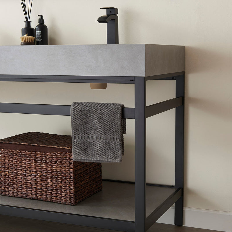 Vinnova 702560M-TB-WK Funes 60M" Double Sink Bath Vanity in Matte Black Metal Support with Grey Sintered Stone Top
