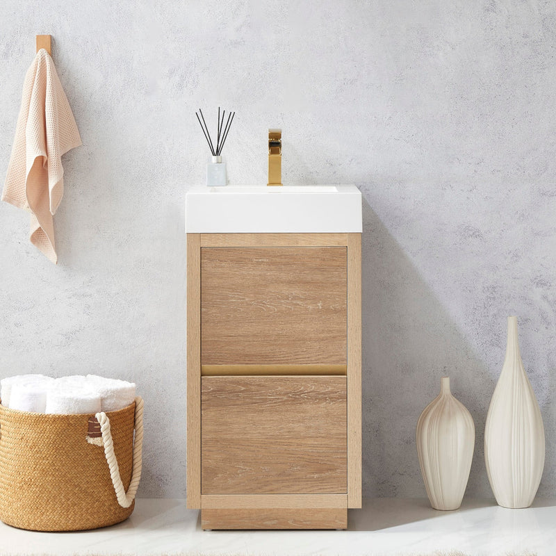 Vinnova 703018-NO-WH Huesca 18" Single Sink Bath Vanity in North American Oak with White Composite Integral Square Sink Top