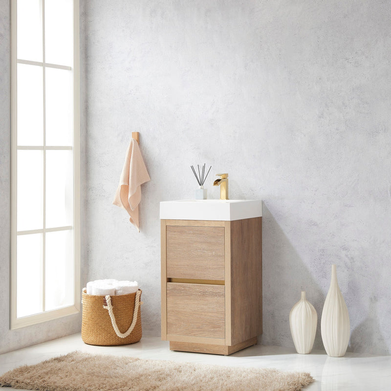 Vinnova 703018-NO-WH Huesca 18" Single Sink Bath Vanity in North American Oak with White Composite Integral Square Sink Top