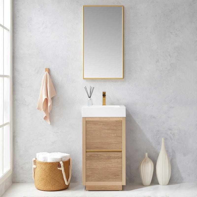 Vinnova 703018-NO-WH Huesca 18" Single Sink Bath Vanity in North American Oak with White Composite Integral Square Sink Top