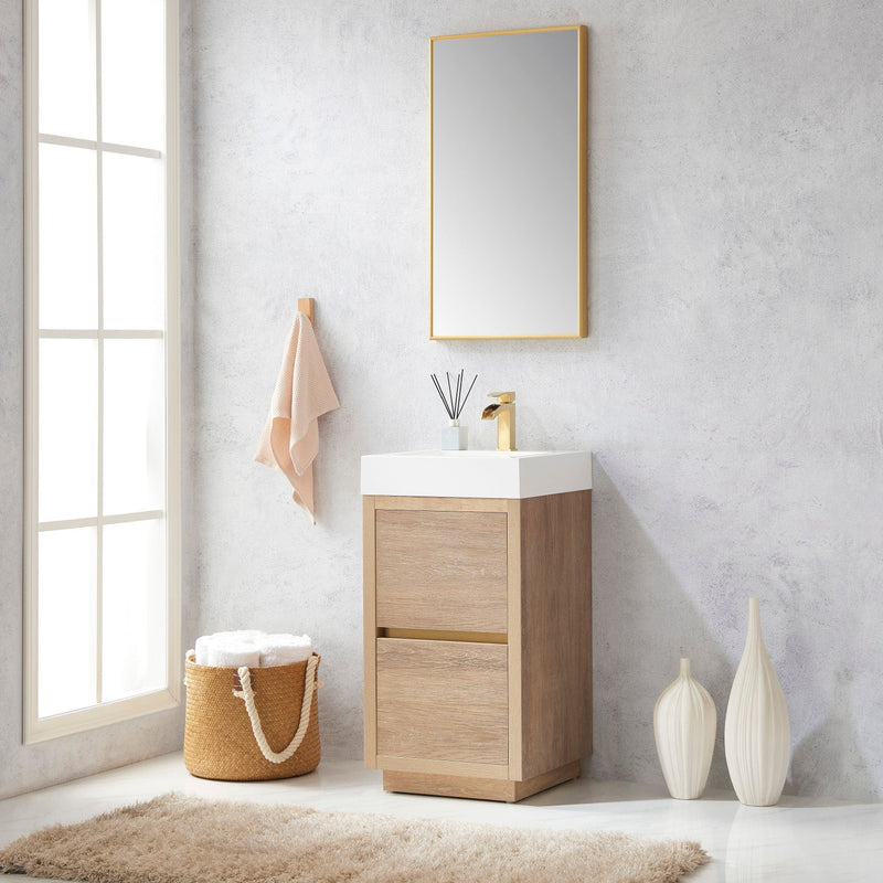 Vinnova 703018-NO-WH Huesca 18" Single Sink Bath Vanity in North American Oak with White Composite Integral Square Sink Top