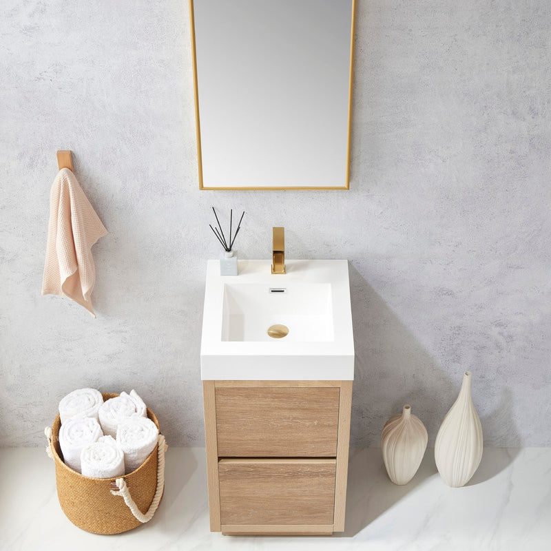 Vinnova 703018-NO-WH Huesca 18" Single Sink Bath Vanity in North American Oak with White Composite Integral Square Sink Top