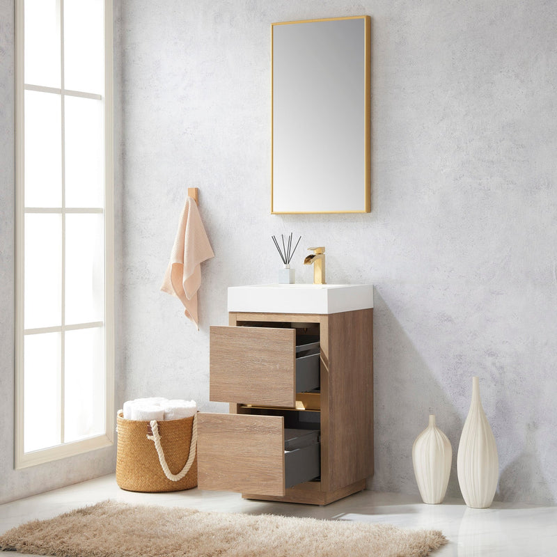 Vinnova 703018-NO-WH Huesca 18" Single Sink Bath Vanity in North American Oak with White Composite Integral Square Sink Top