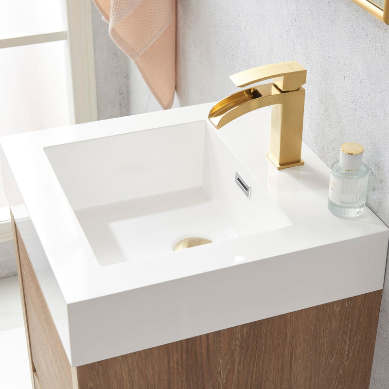 Vinnova 703018-NO-WH Huesca 18" Single Sink Bath Vanity in North American Oak with White Composite Integral Square Sink Top