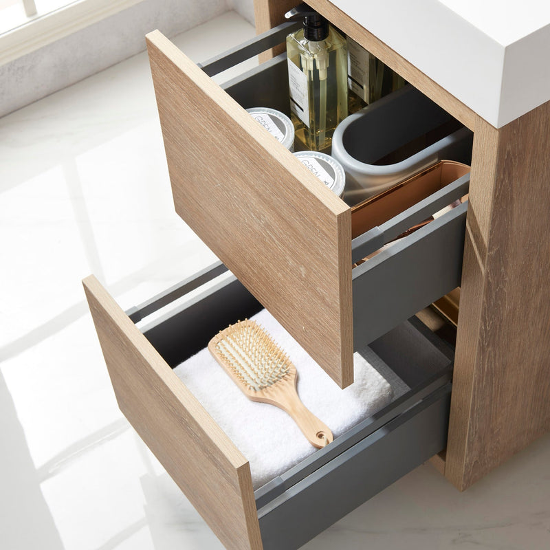 Vinnova 703018-NO-WH Huesca 18" Single Sink Bath Vanity in North American Oak with White Composite Integral Square Sink Top