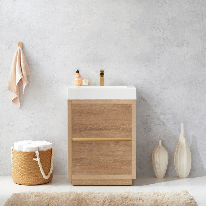 Vinnova 703024-NO-WH Huesca 24" Single Sink Bath Vanity in North American Oak with White Composite Integral Square Sink Top