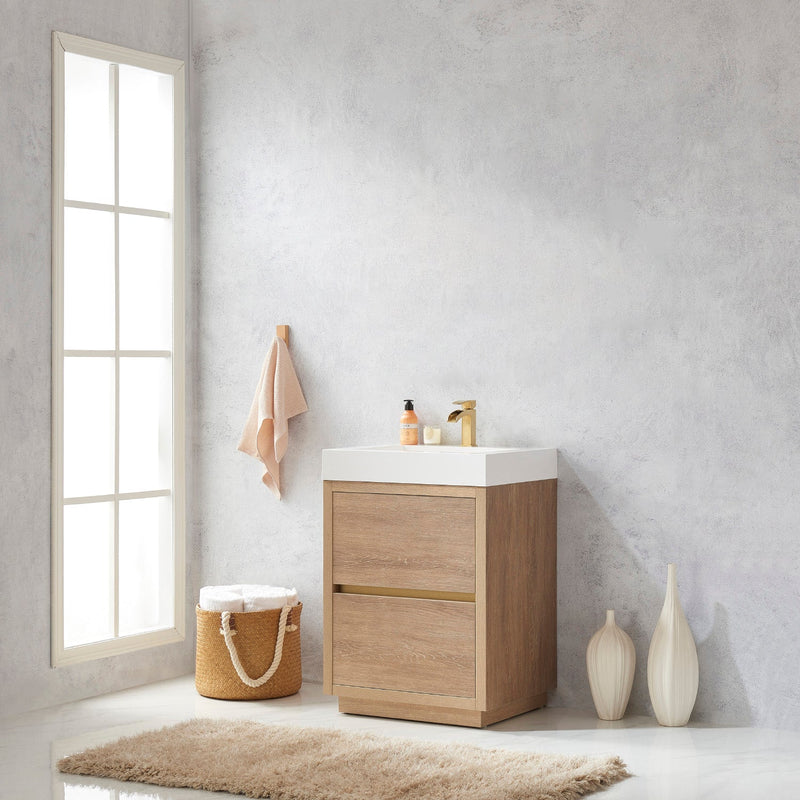 Vinnova 703024-NO-WH Huesca 24" Single Sink Bath Vanity in North American Oak with White Composite Integral Square Sink Top