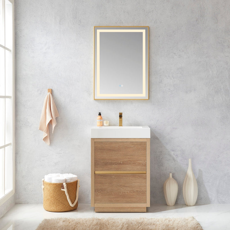 Vinnova 703024-NO-WH Huesca 24" Single Sink Bath Vanity in North American Oak with White Composite Integral Square Sink Top