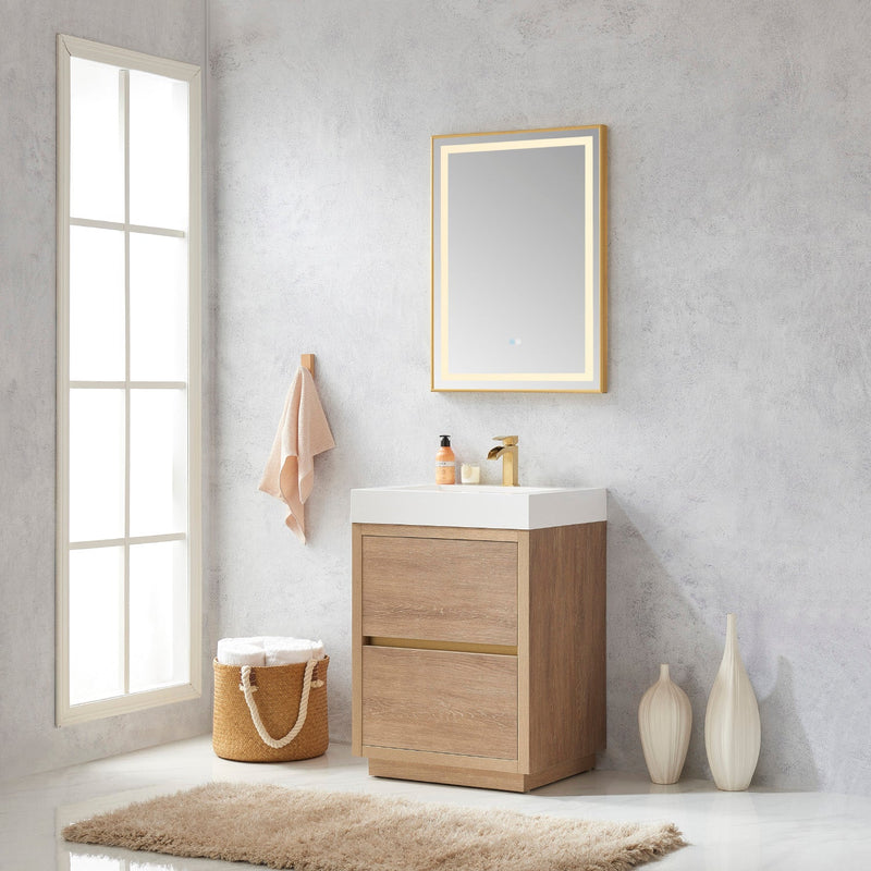 Vinnova 703024-NO-WH Huesca 24" Single Sink Bath Vanity in North American Oak with White Composite Integral Square Sink Top