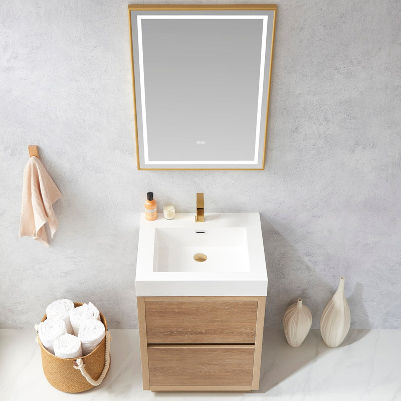 Vinnova 703024-NO-WH Huesca 24" Single Sink Bath Vanity in North American Oak with White Composite Integral Square Sink Top