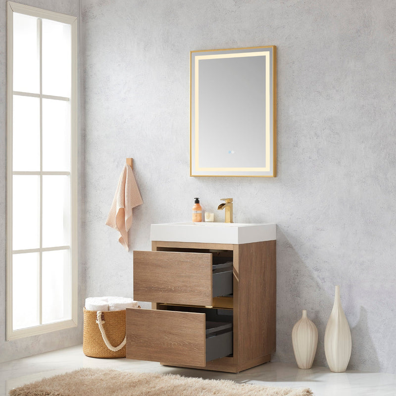Vinnova 703024-NO-WH Huesca 24" Single Sink Bath Vanity in North American Oak with White Composite Integral Square Sink Top