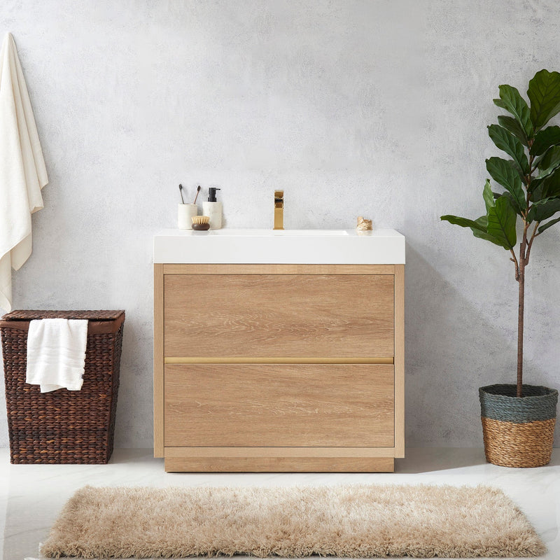 Vinnova 703036-NO-WH Huesca 36" Single Sink Bath Vanity in North American Oak with White Composite Integral Square Sink Top