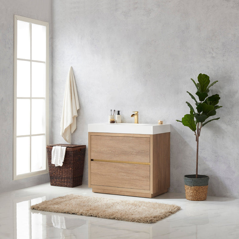 Vinnova 703036-NO-WH Huesca 36" Single Sink Bath Vanity in North American Oak with White Composite Integral Square Sink Top