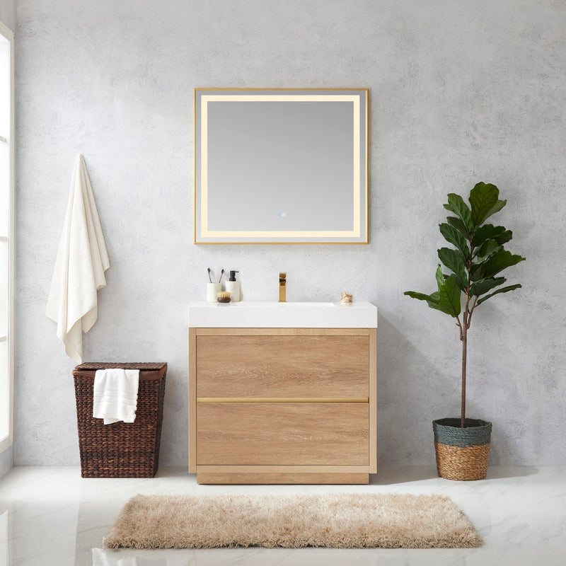 Vinnova 703036-NO-WH Huesca 36" Single Sink Bath Vanity in North American Oak with White Composite Integral Square Sink Top