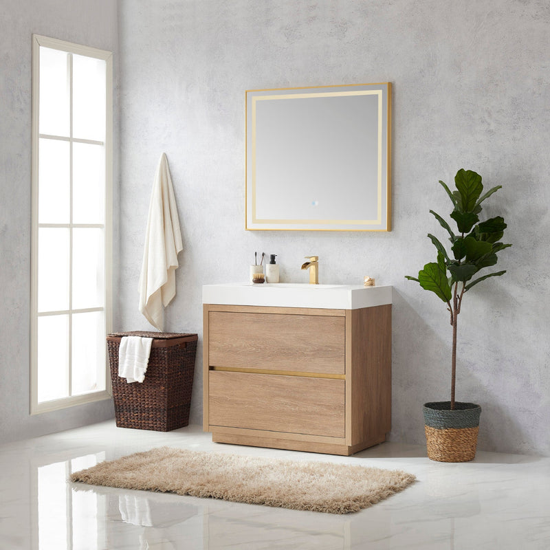 Vinnova 703036-NO-WH Huesca 36" Single Sink Bath Vanity in North American Oak with White Composite Integral Square Sink Top