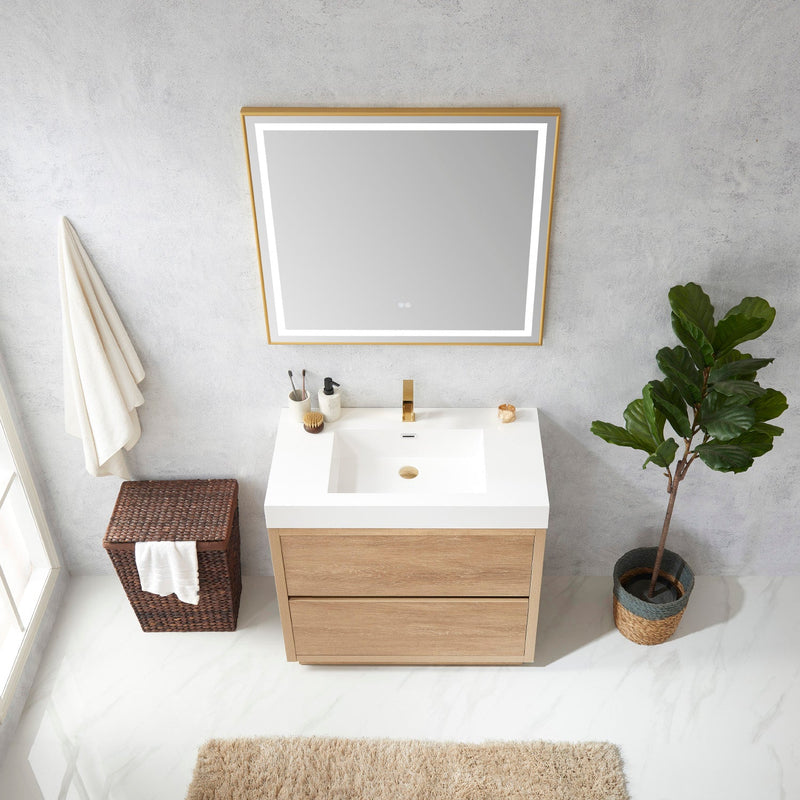 Vinnova 703036-NO-WH Huesca 36" Single Sink Bath Vanity in North American Oak with White Composite Integral Square Sink Top