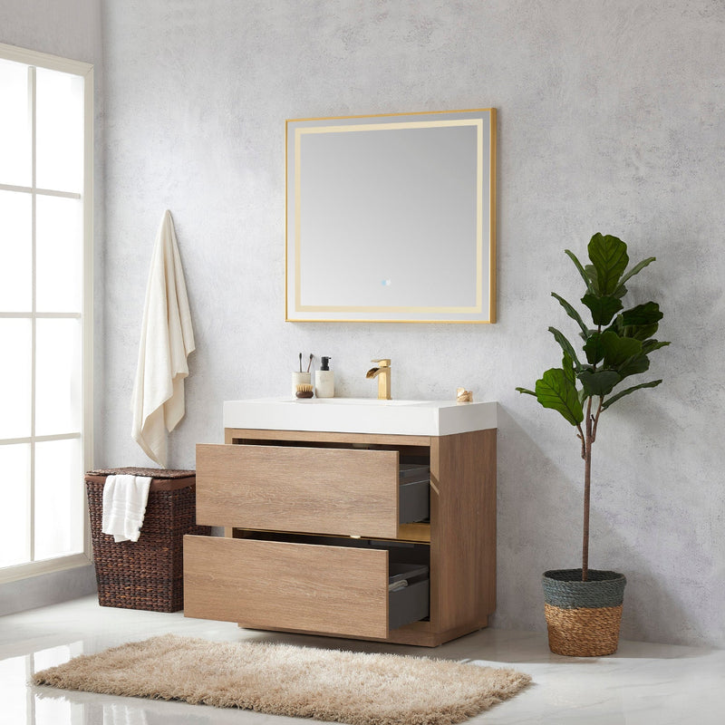 Vinnova 703036-NO-WH Huesca 36" Single Sink Bath Vanity in North American Oak with White Composite Integral Square Sink Top