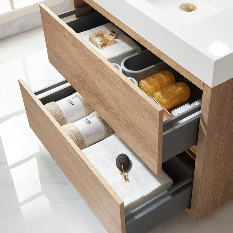 Vinnova 703036-NO-WH Huesca 36" Single Sink Bath Vanity in North American Oak with White Composite Integral Square Sink Top