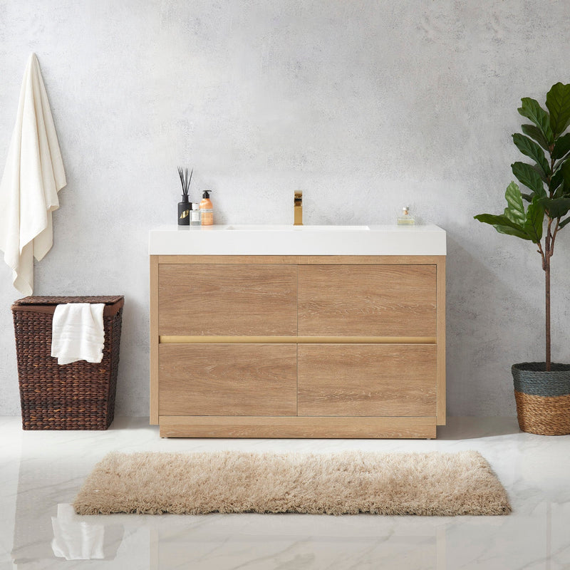 Vinnova 703048-NO-WH Huesca 48" Single Sink Bath Vanity in North American Oak with White Composite Integral Square Sink Top
