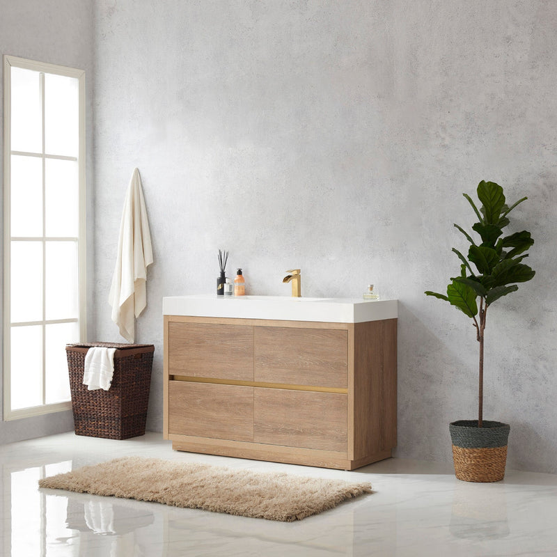 Vinnova 703048-NO-WH Huesca 48" Single Sink Bath Vanity in North American Oak with White Composite Integral Square Sink Top