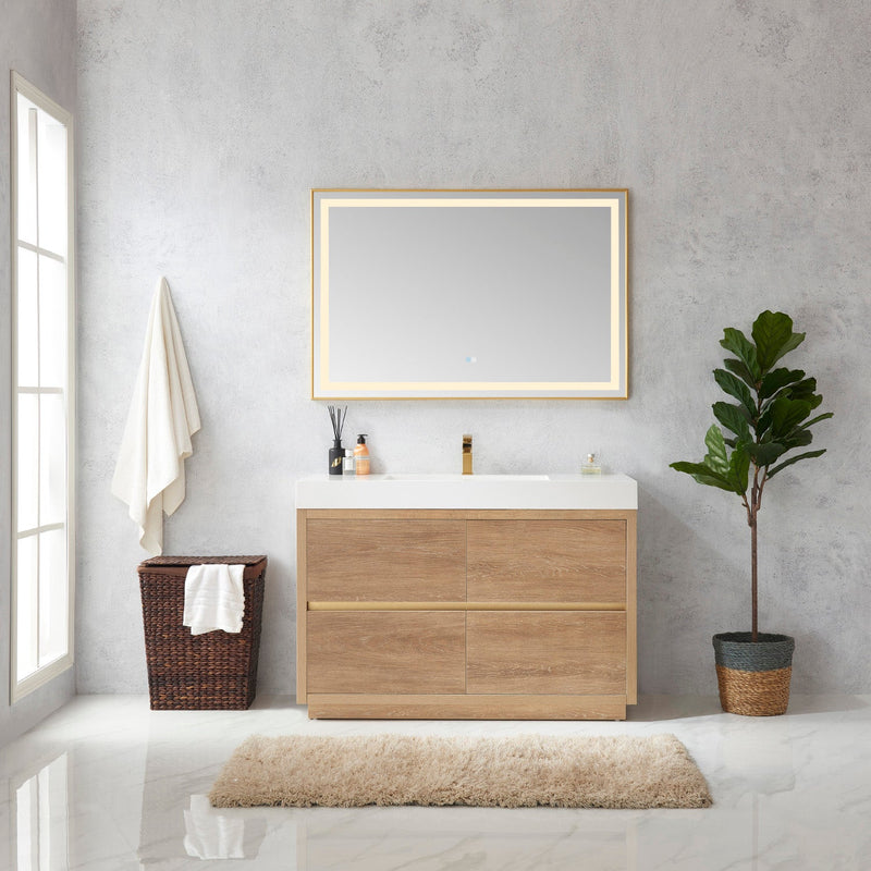 Vinnova 703048-NO-WH Huesca 48" Single Sink Bath Vanity in North American Oak with White Composite Integral Square Sink Top