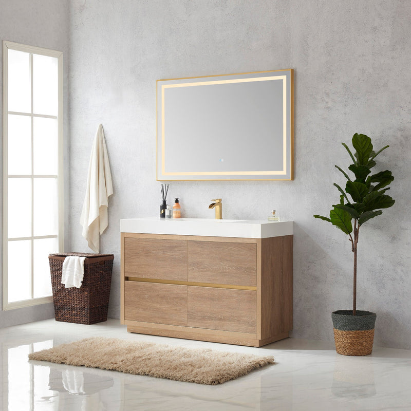 Vinnova 703048-NO-WH Huesca 48" Single Sink Bath Vanity in North American Oak with White Composite Integral Square Sink Top