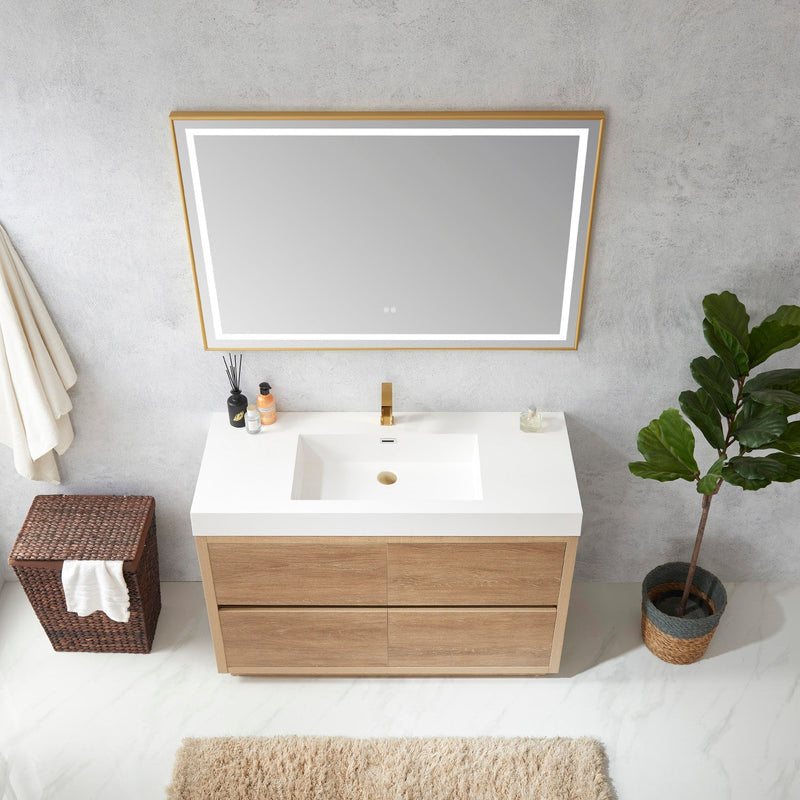 Vinnova 703048-NO-WH Huesca 48" Single Sink Bath Vanity in North American Oak with White Composite Integral Square Sink Top