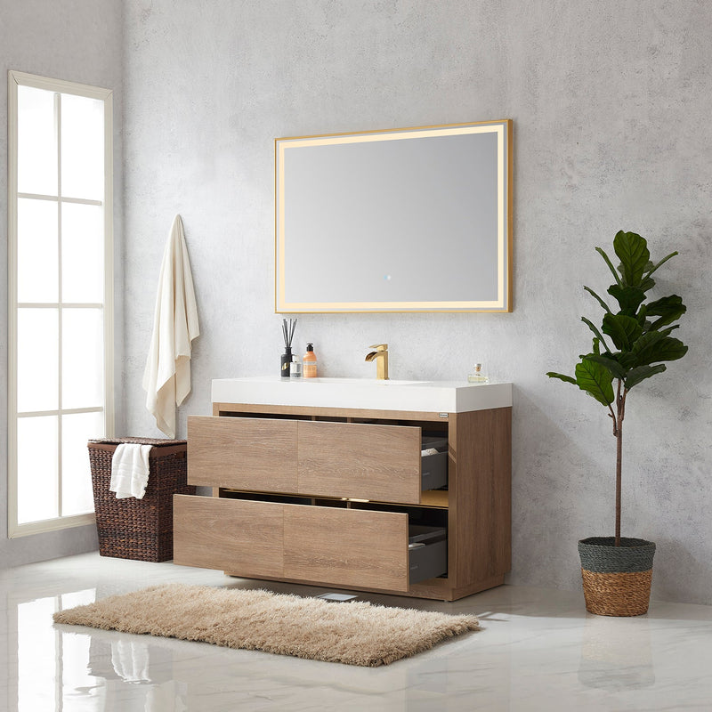 Vinnova 703048-NO-WH Huesca 48" Single Sink Bath Vanity in North American Oak with White Composite Integral Square Sink Top