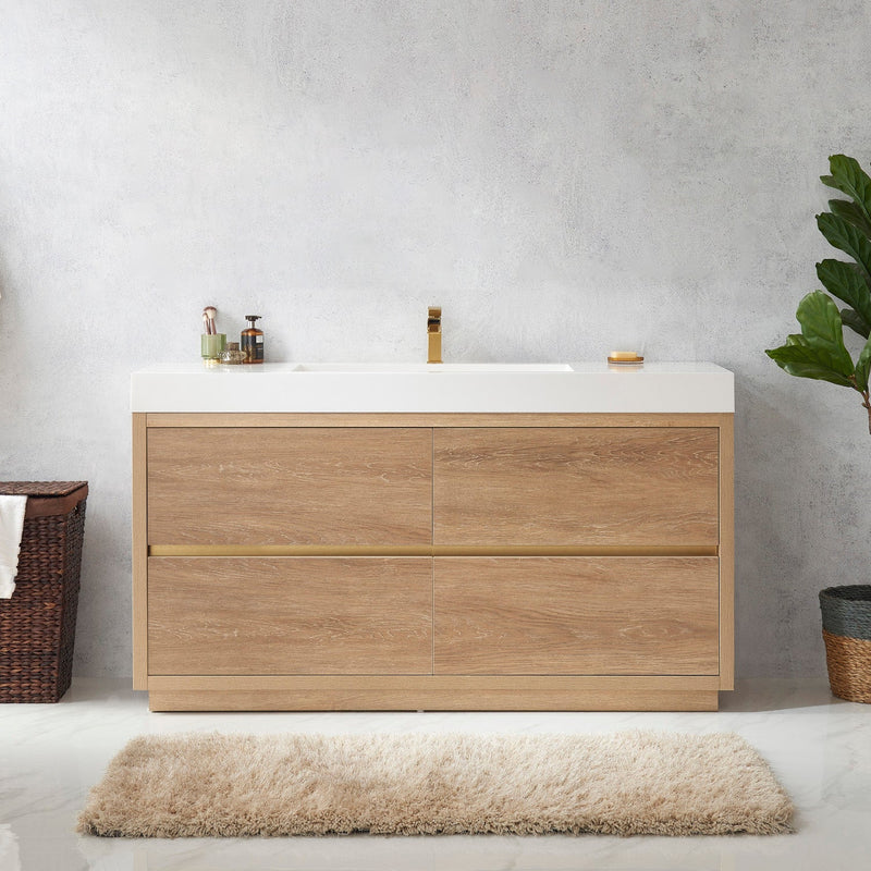 Vinnova 703060-NO-WH Huesca 60" Single Sink Bath Vanity in North American Oak with White Composite Integral Square Sink Top