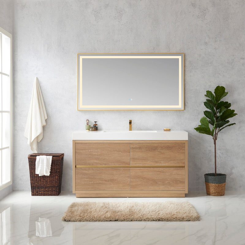 Vinnova 703060-NO-WH Huesca 60" Single Sink Bath Vanity in North American Oak with White Composite Integral Square Sink Top