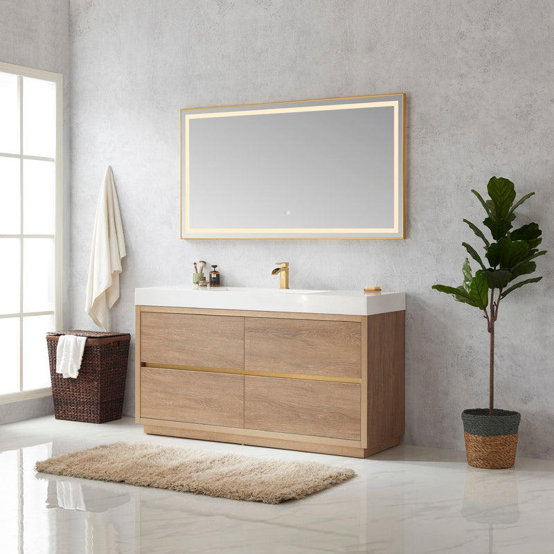 Vinnova 703060-NO-WH Huesca 60" Single Sink Bath Vanity in North American Oak with White Composite Integral Square Sink Top